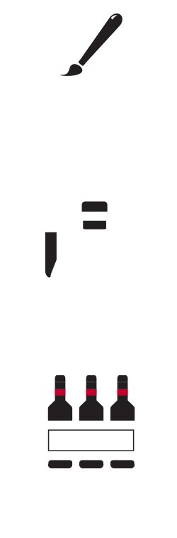 Icons. Top to bottom: A paintbrush on a computer screen - representing design. Plus, a beaker and vial - representing testing. Plus, an image of wine in packaging, representing a prototype.