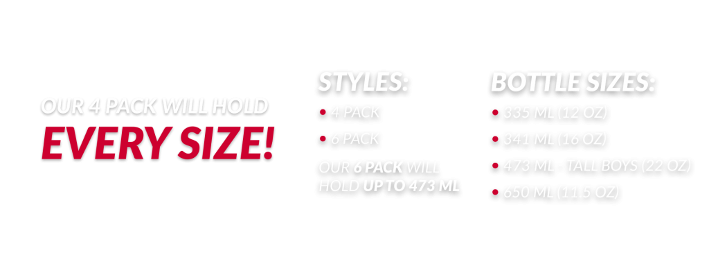 Text. Our 4-Pack will hold every size! Styles: 4-pack, 6-pack, Our 6-pack will hold up to 473mL. Bottle sizes: 335mL/12oz, 341mL/16oz, 473mL Tall Boys/22oz, 650mL/11.5oz