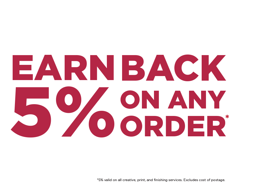 share-1 Text: Earn back 5% on any order. 5% valid on all creative, print, and finishing services. Excludes cost of postage.